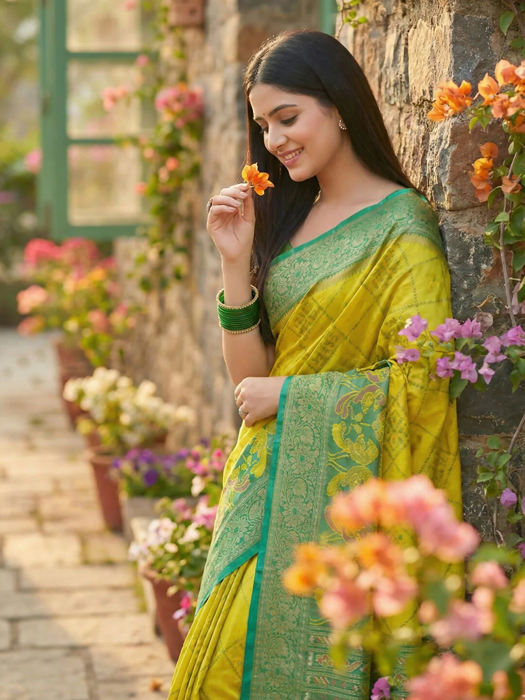 Astita Green Pochampally Silk Saree - Image 4