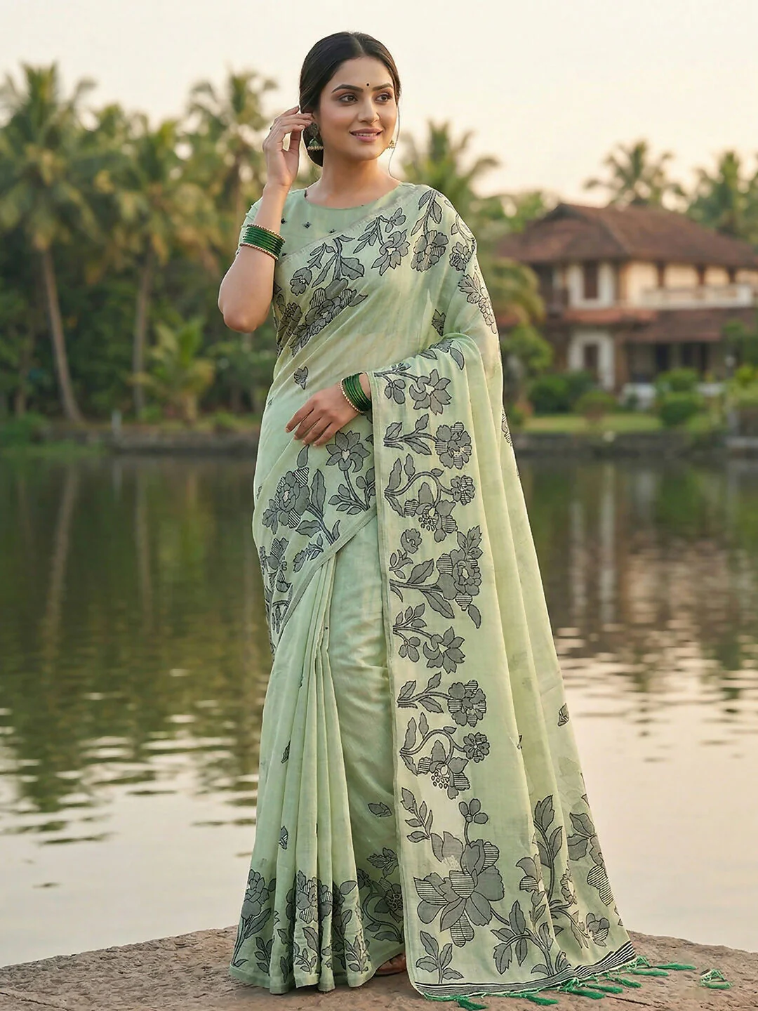 Astita Light Green Linen Cotton Saree
