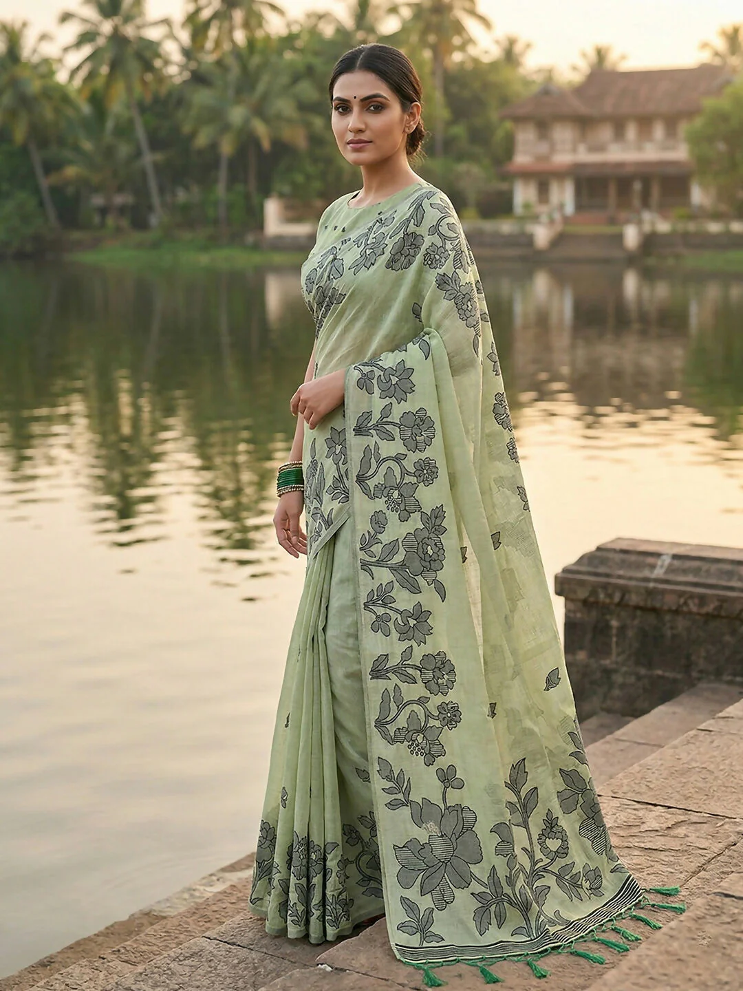 Astita Light Green Linen Cotton Saree - Image 2