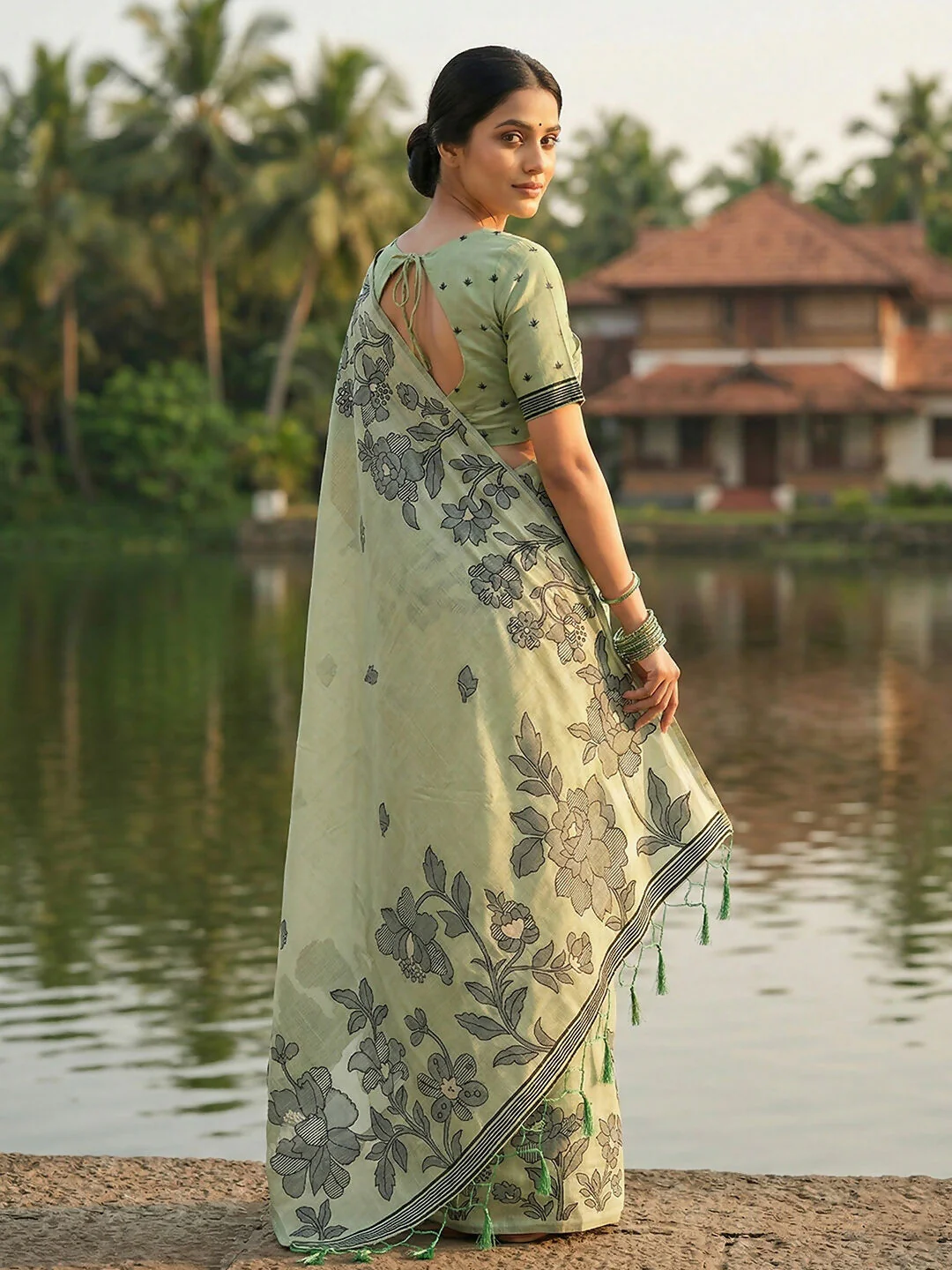 Astita Light Green Linen Cotton Saree - Image 3