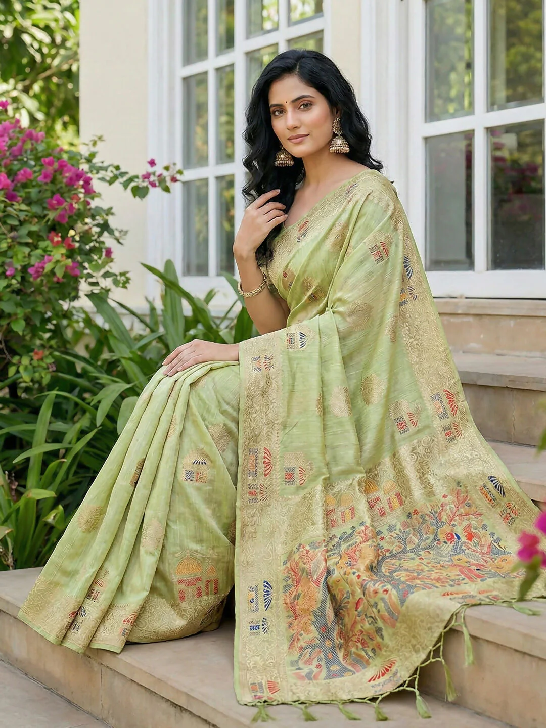 Astita Light Green Linen Cotton Saree - Image 2