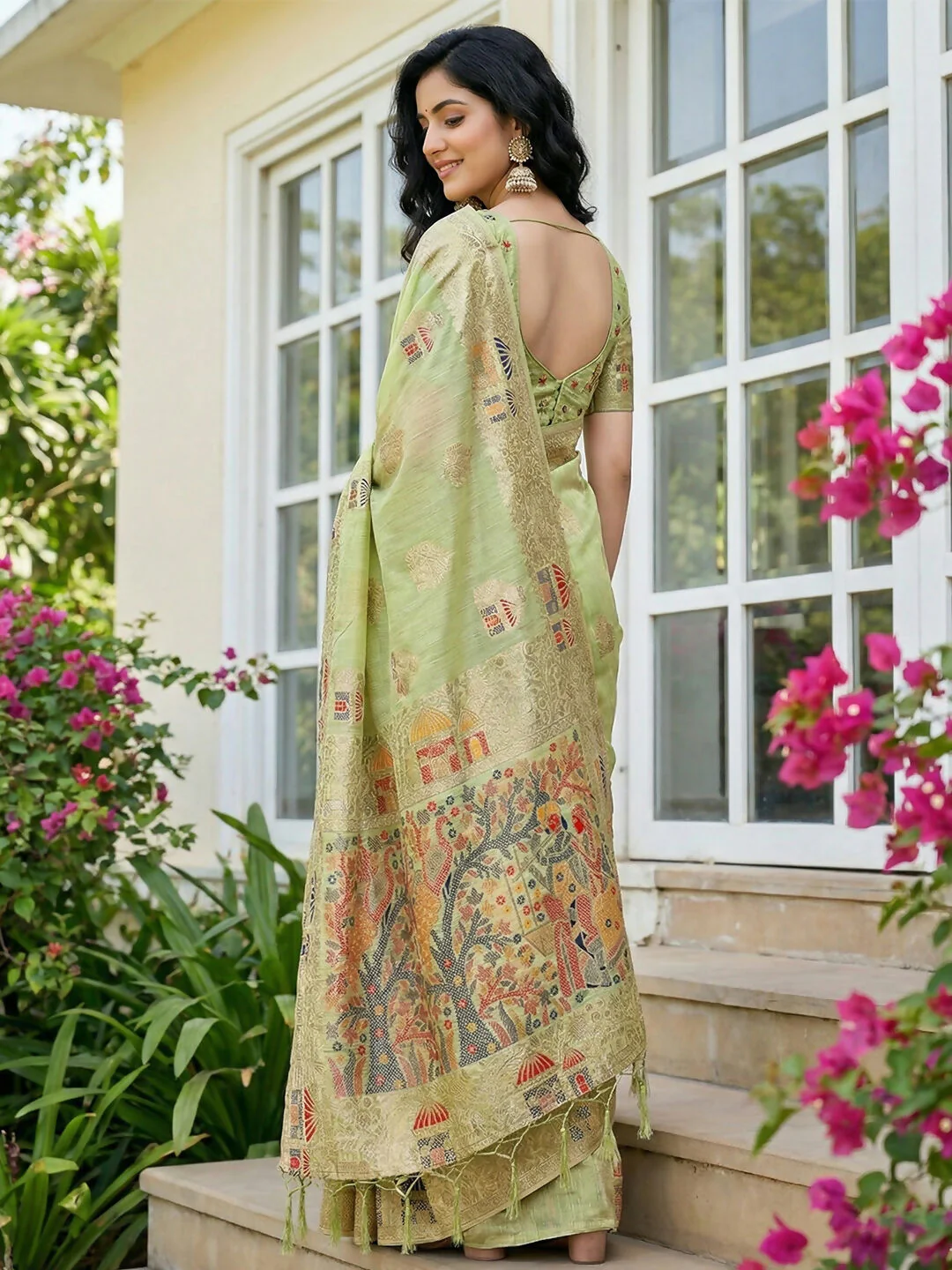 Astita Light Green Linen Cotton Saree - Image 3