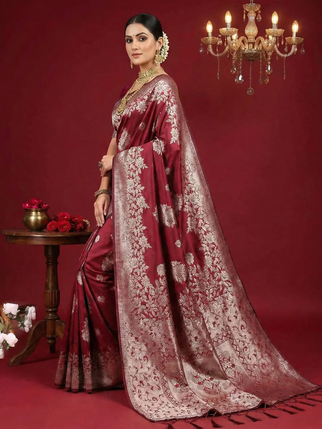 Astita Maroon Silk Blend Saree - Image 2