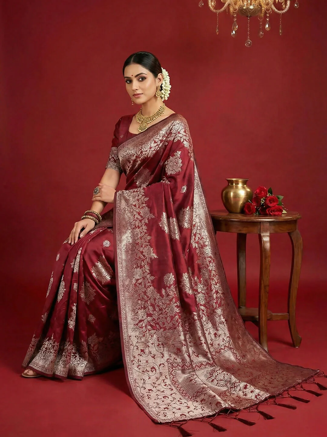 Astita Maroon Silk Blend Saree - Image 3