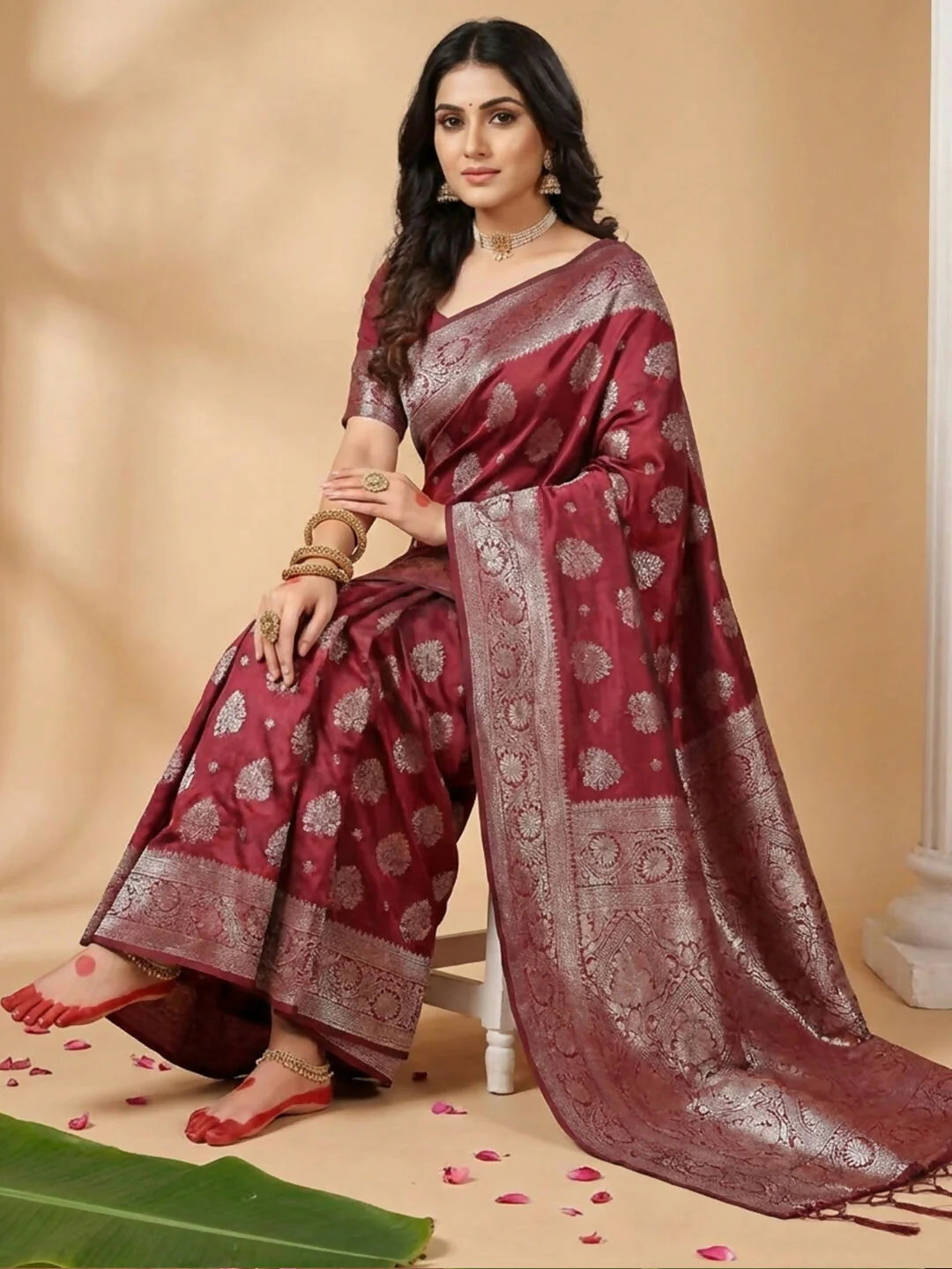 Astita Maroon Silk Blend Saree - Image 2