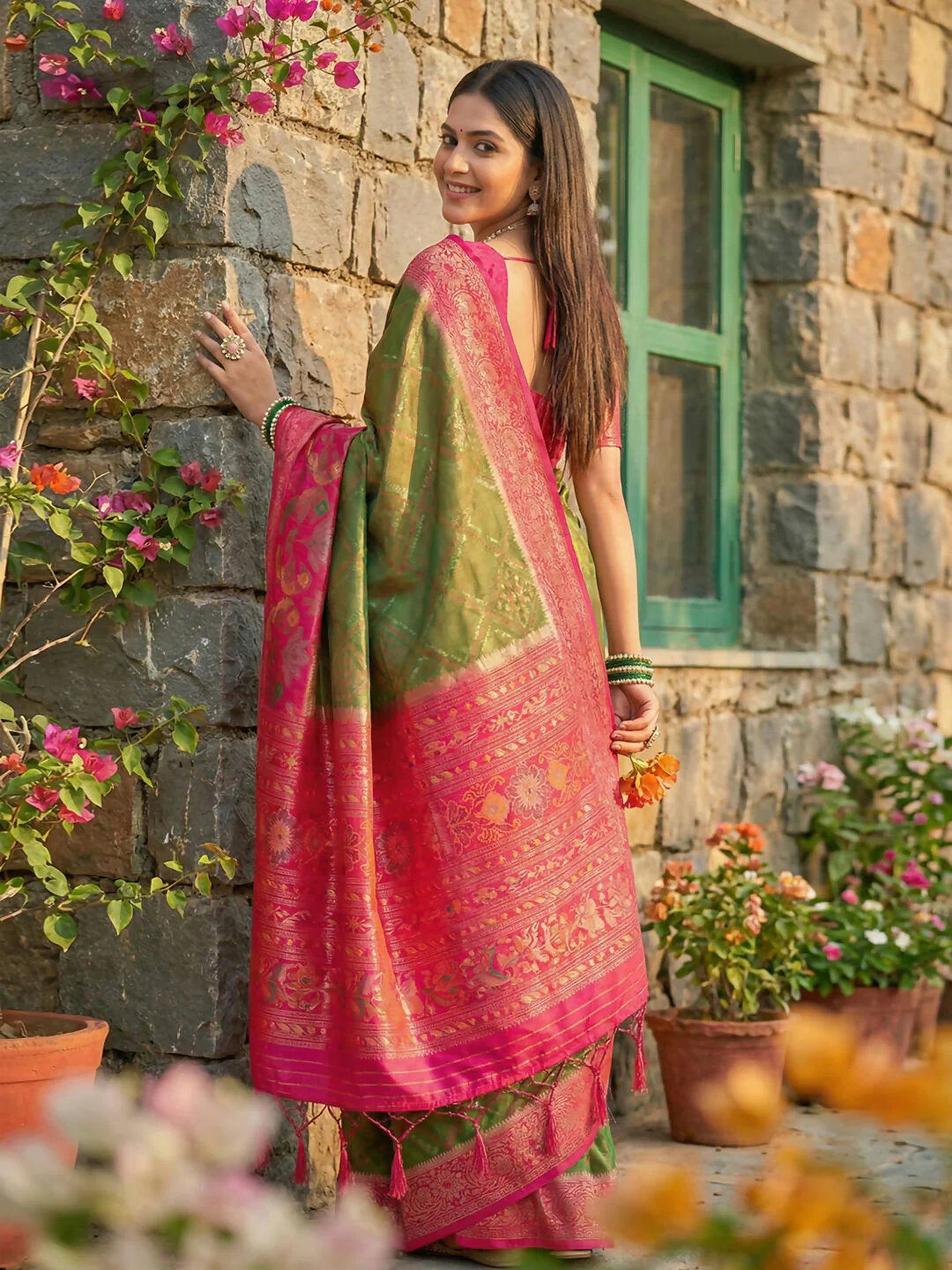 Astita Mehndi Pochampally Silk Saree - Image 2