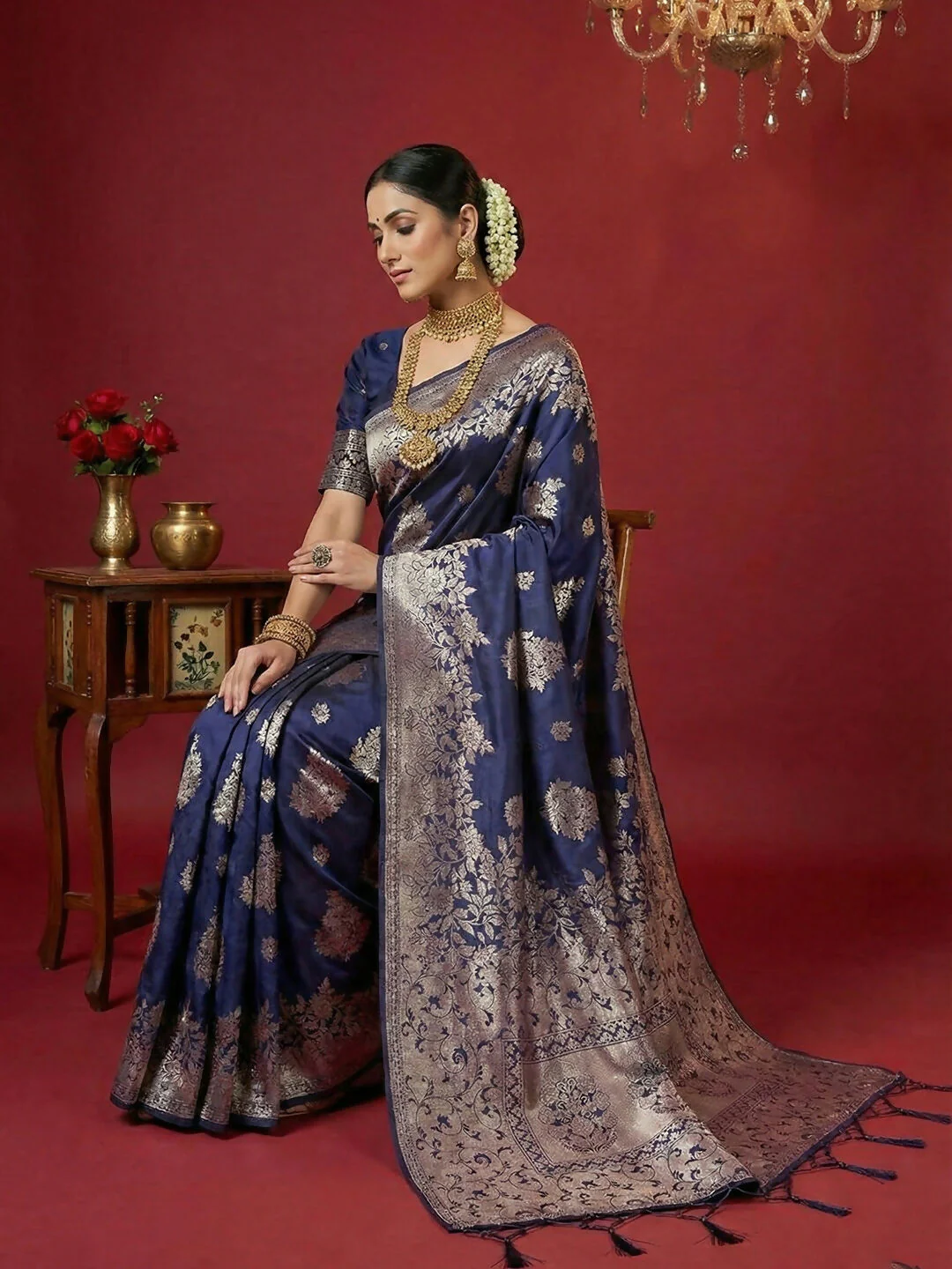 Astita Navy Blue Silk Blend Saree - Image 2