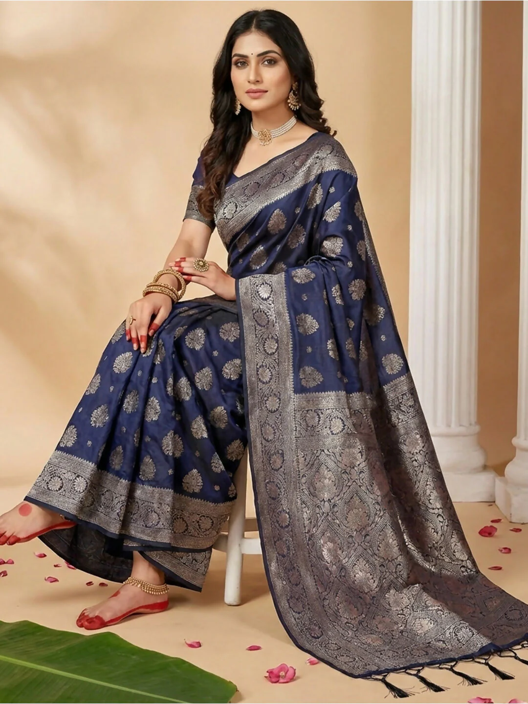 Astita Navy Blue Silk Blend Saree - Image 2