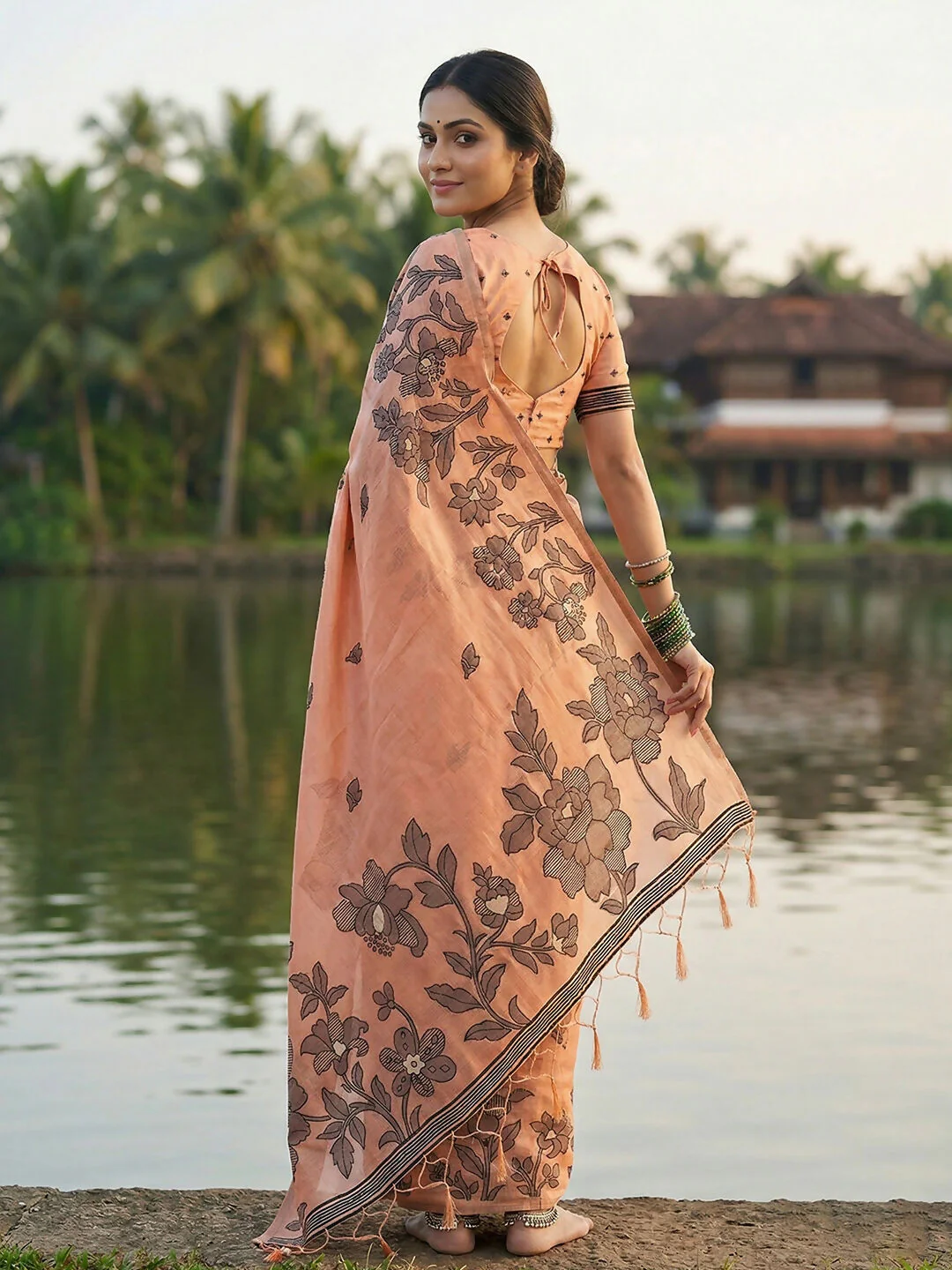 Astita Orange Linen Cotton Saree - Image 3