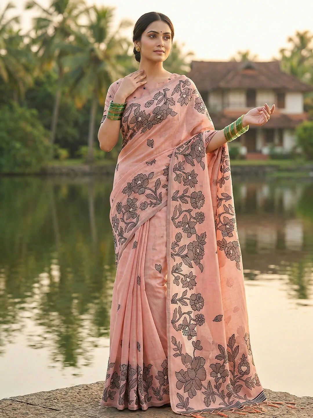 Astita Peach Linen Cotton Saree