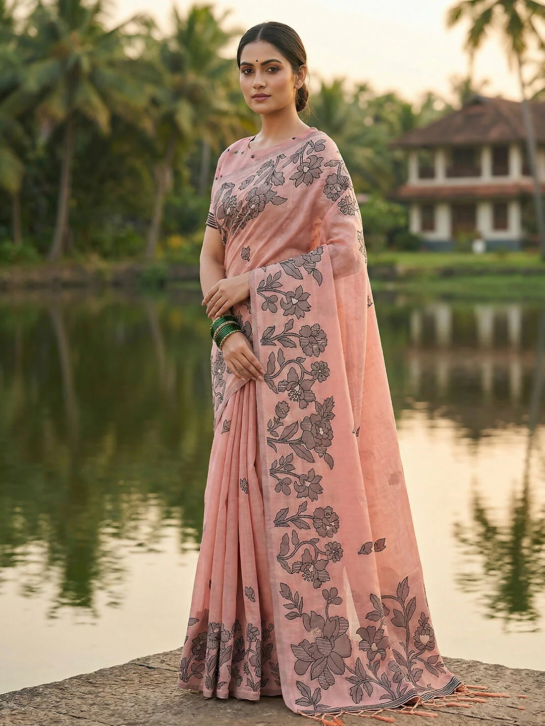 Astita Peach Linen Cotton Saree - Image 2
