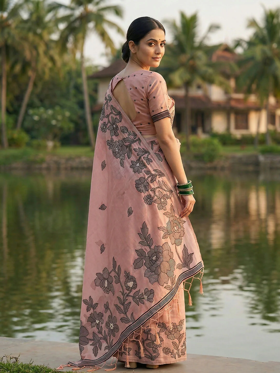 Astita Peach Linen Cotton Saree - Image 3