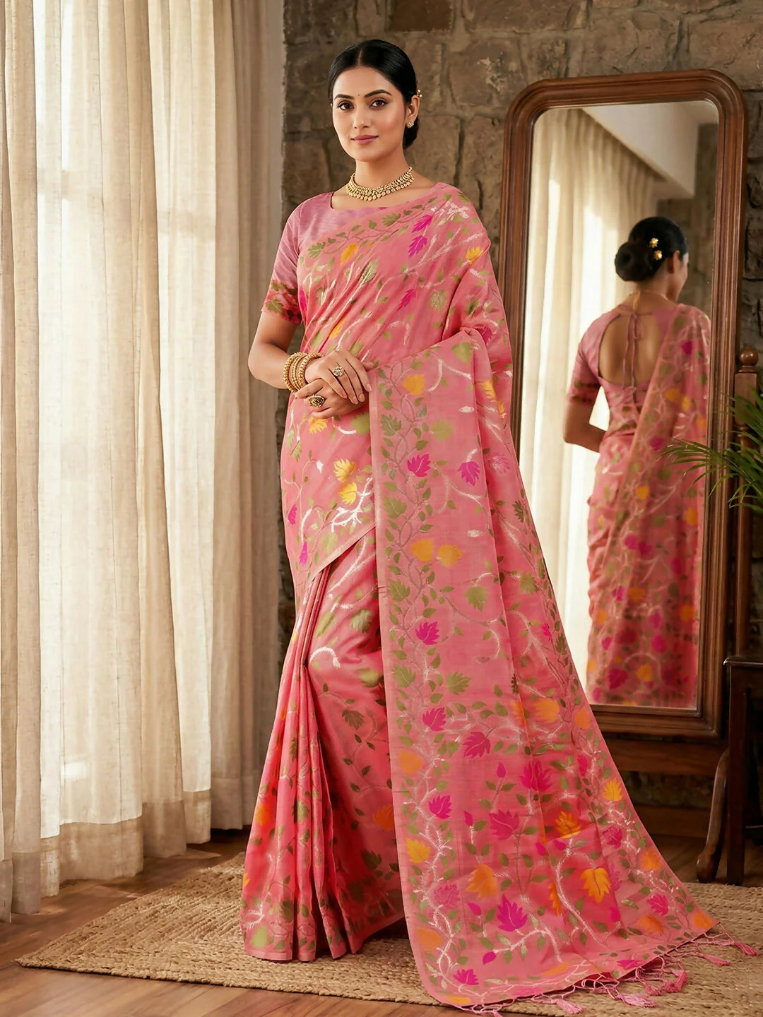 Astita Pink Linen Cotton Saree