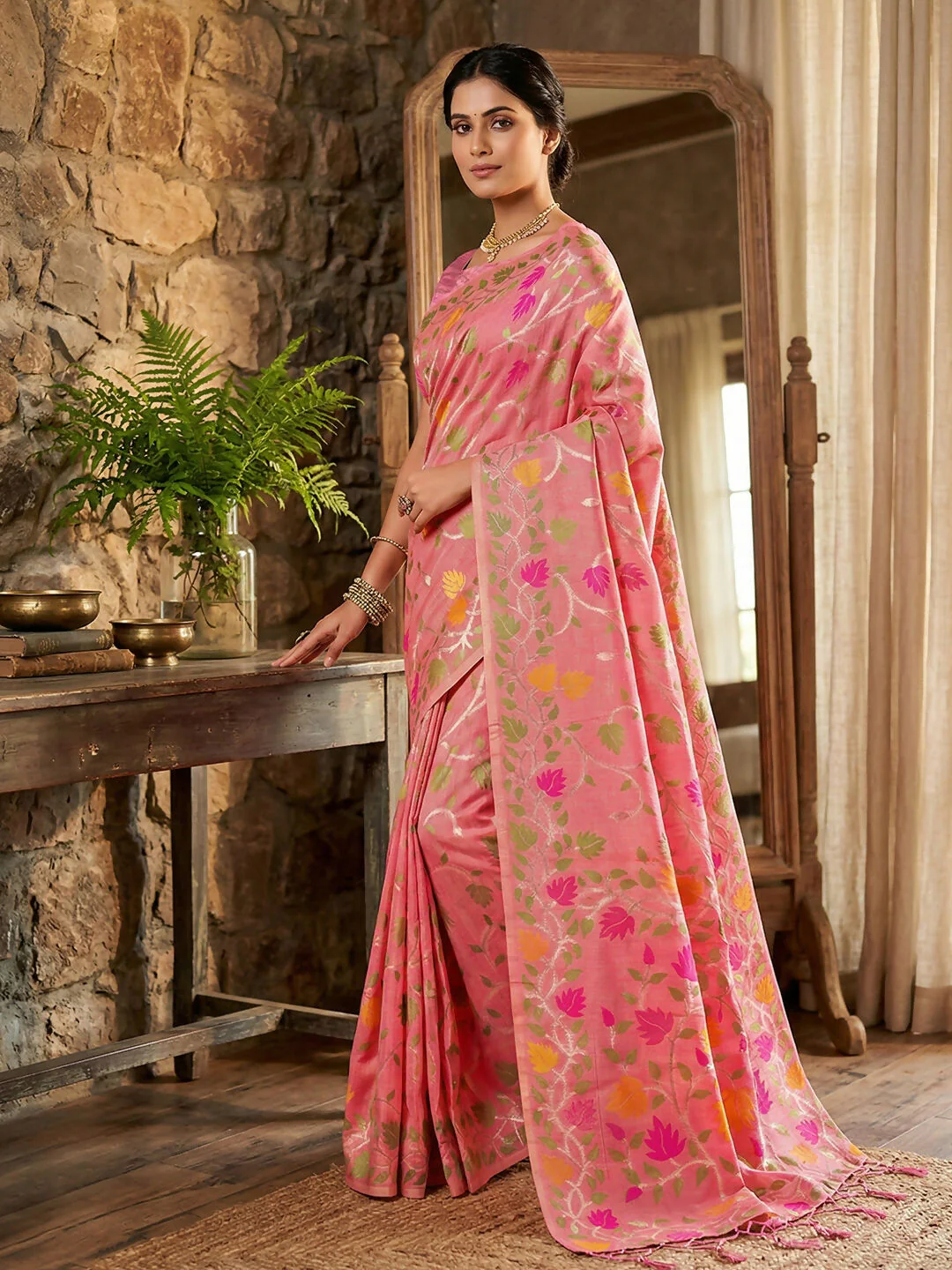 Astita Pink Linen Cotton Saree - Image 2