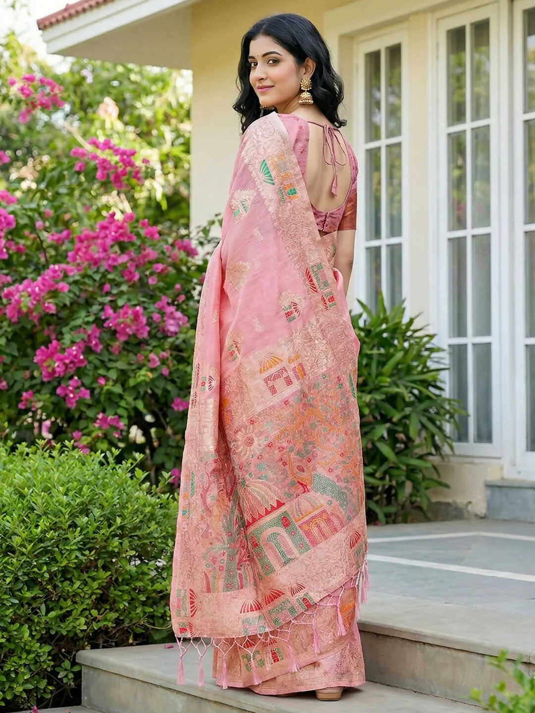 Astita Pink Linen Cotton Saree - Image 3