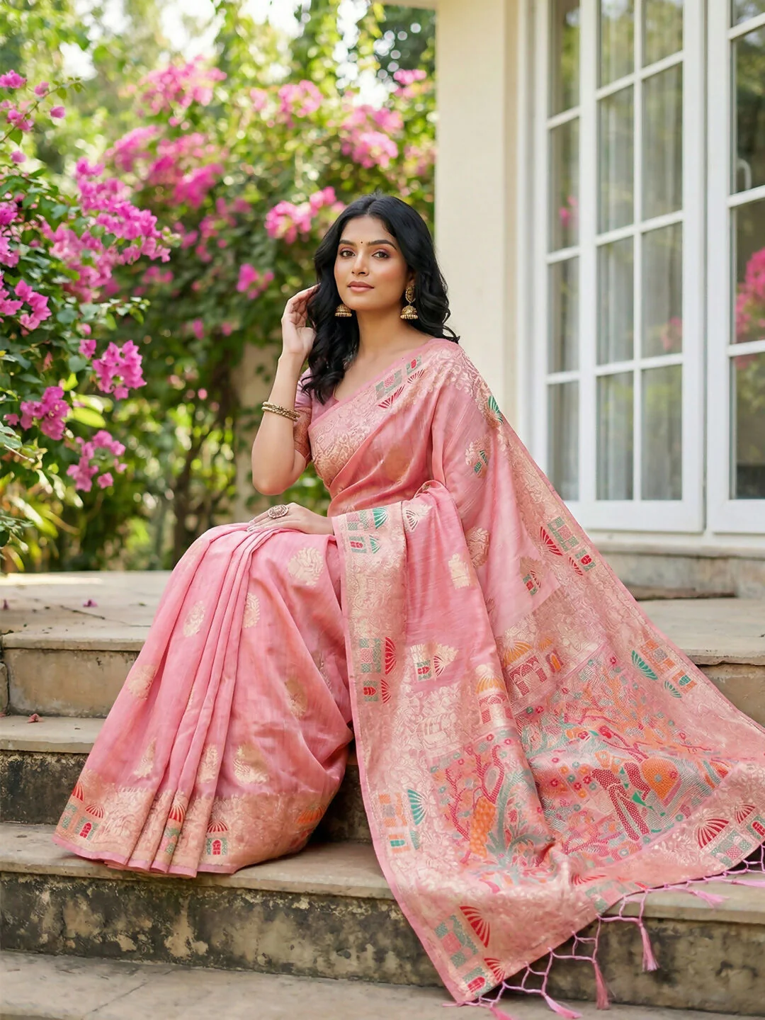 Astita Pink Linen Cotton Saree - Image 4