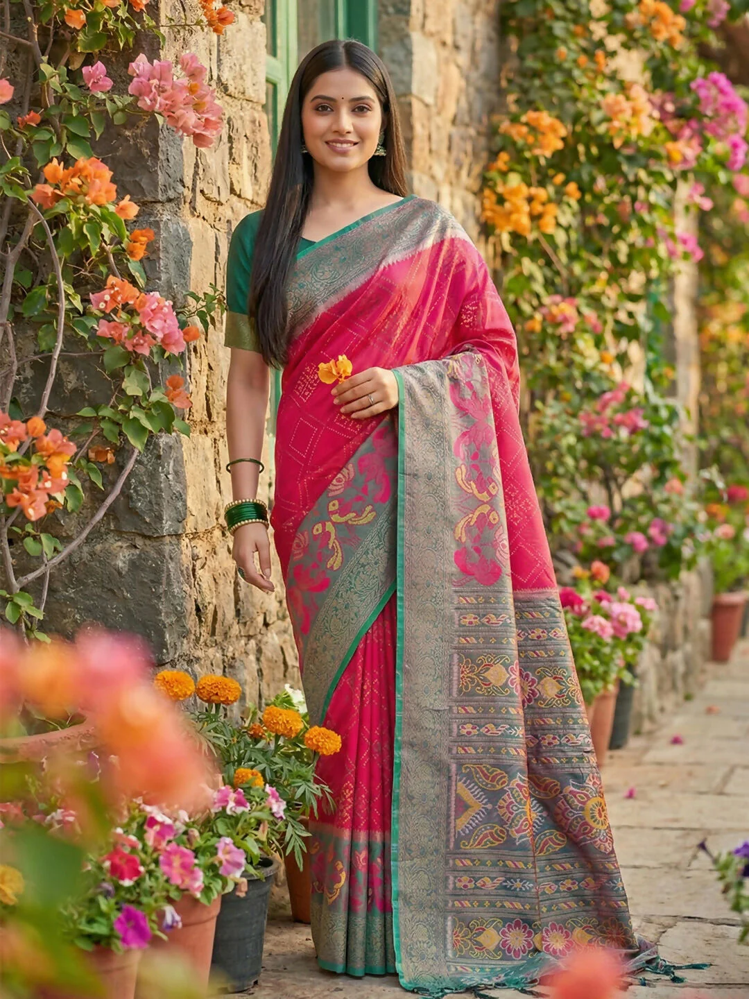 Astita Pink Pochampally Silk Saree - Image 2
