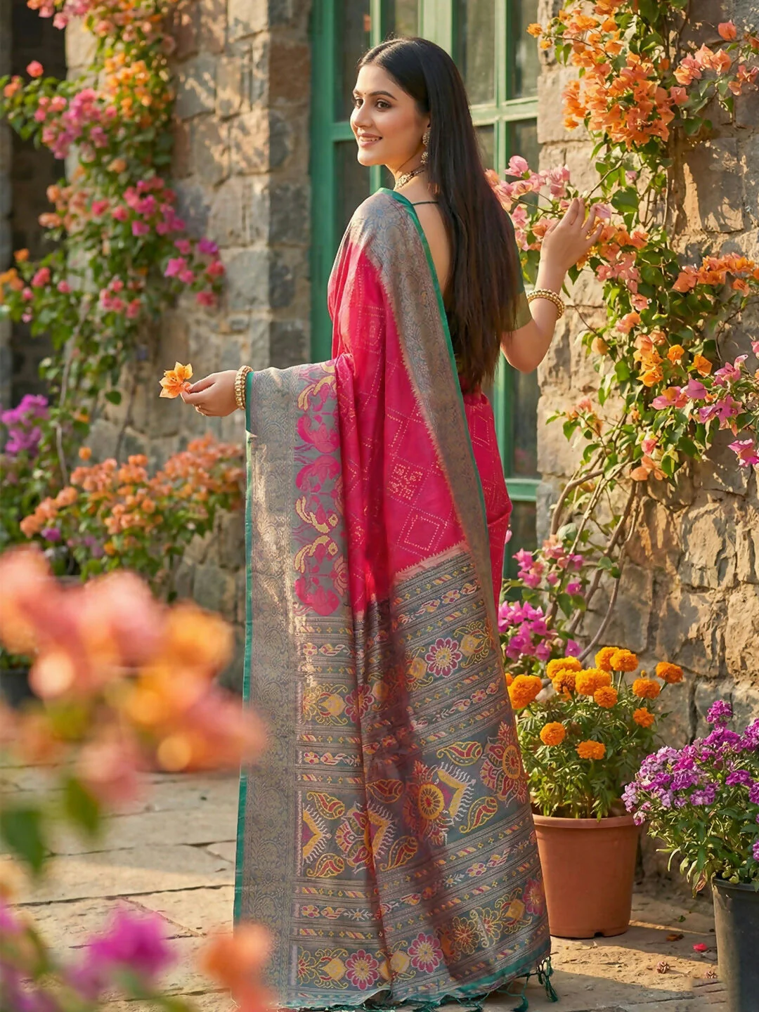 Astita Pink Pochampally Silk Saree - Image 3