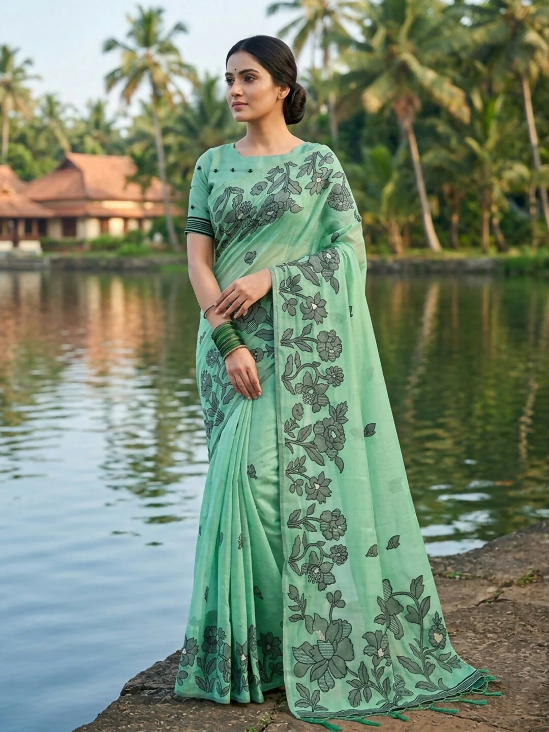 Astita Rama Green Linen Cotton Saree