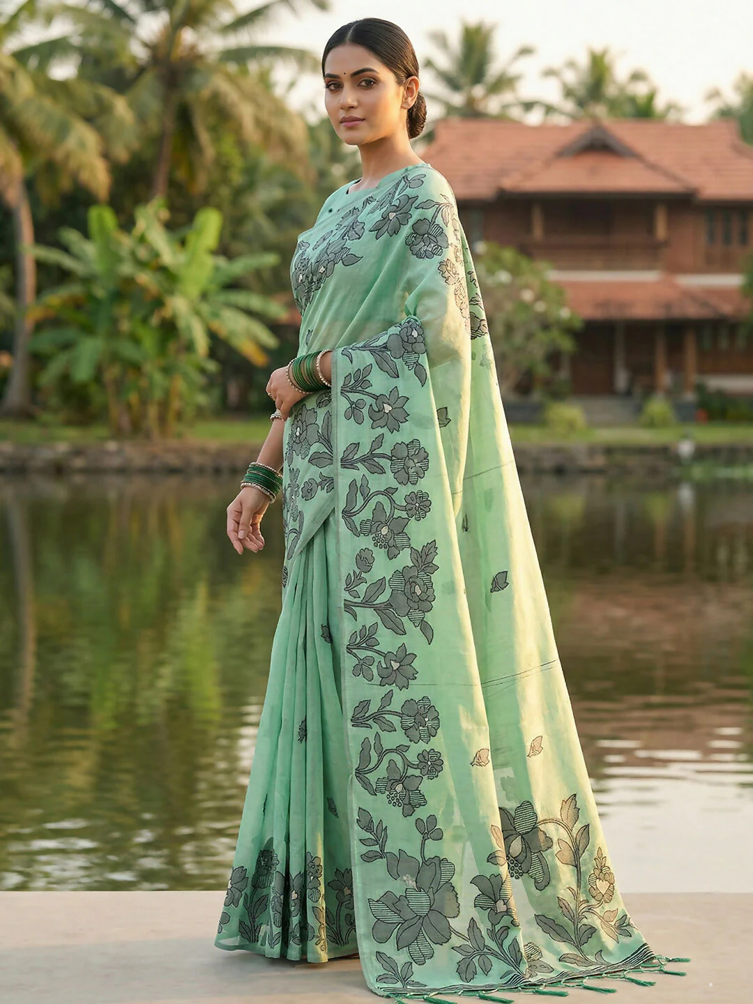 Astita Rama Green Linen Cotton Saree - Image 2