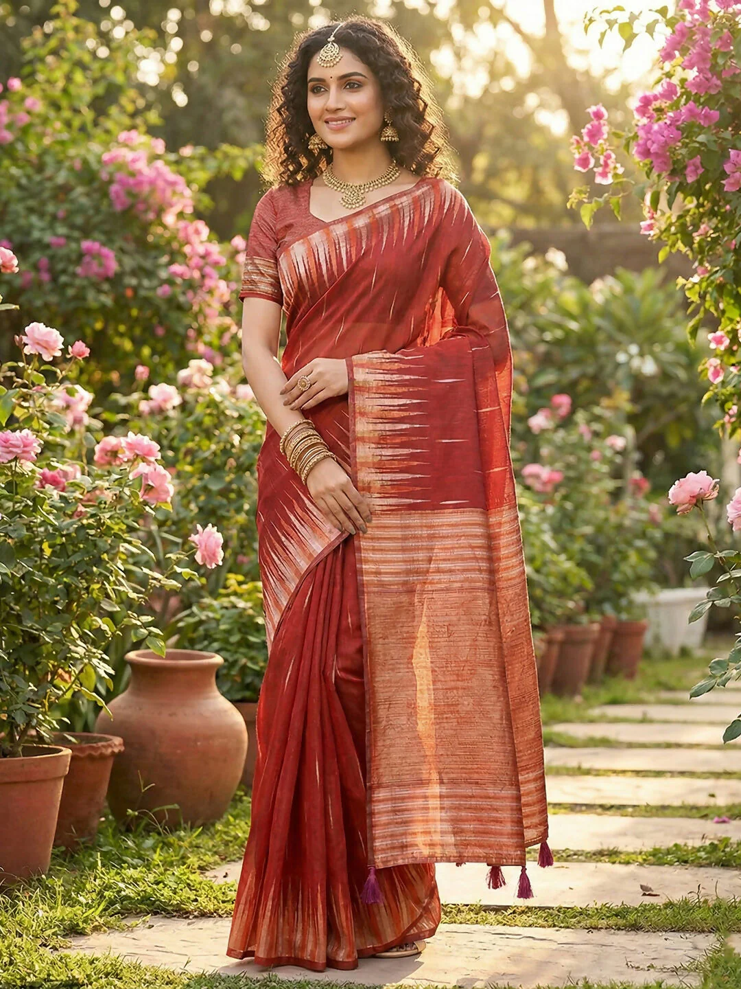 Astita Red Linen Cotton Saree