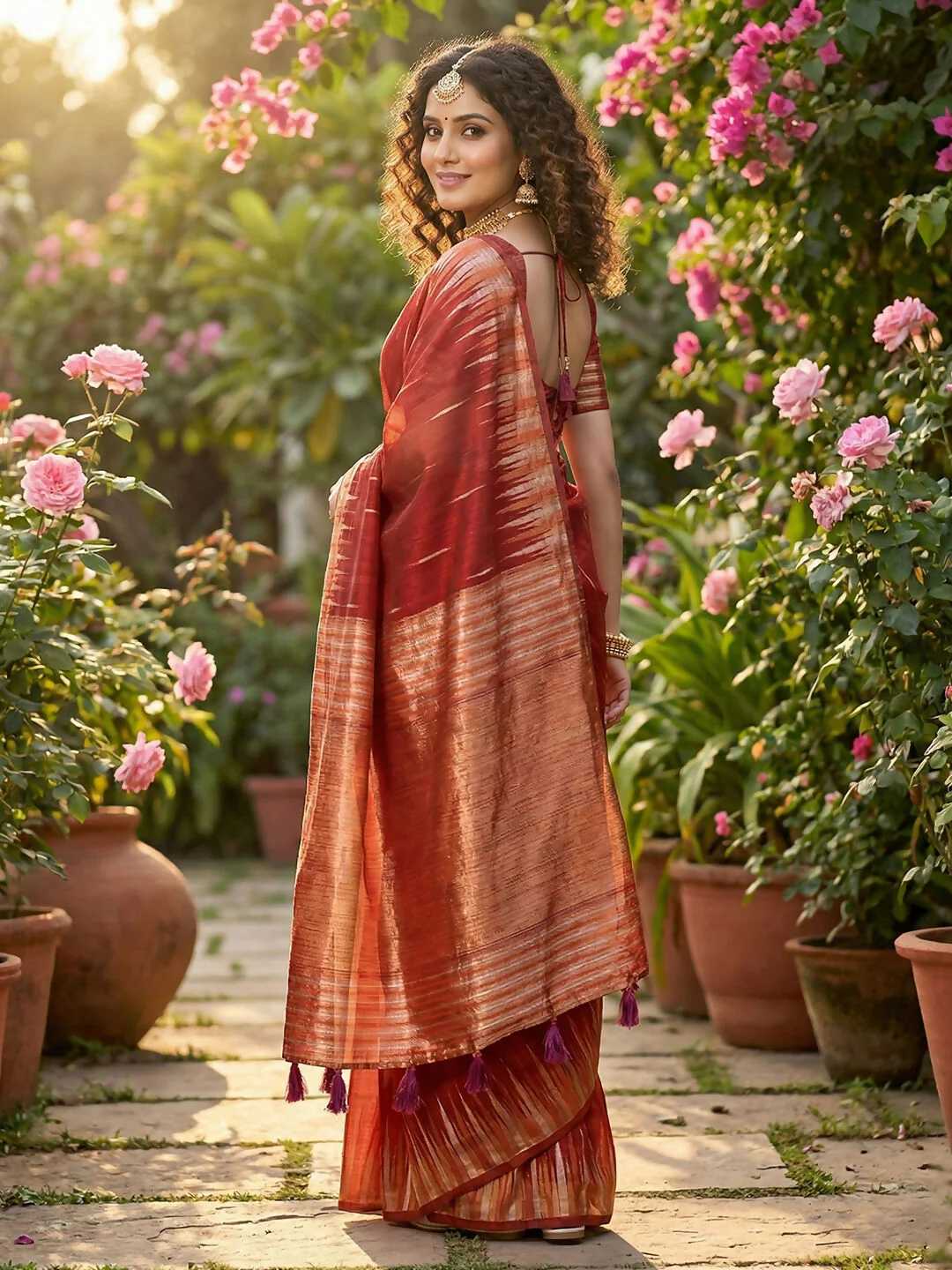 Astita Red Linen Cotton Saree - Image 3