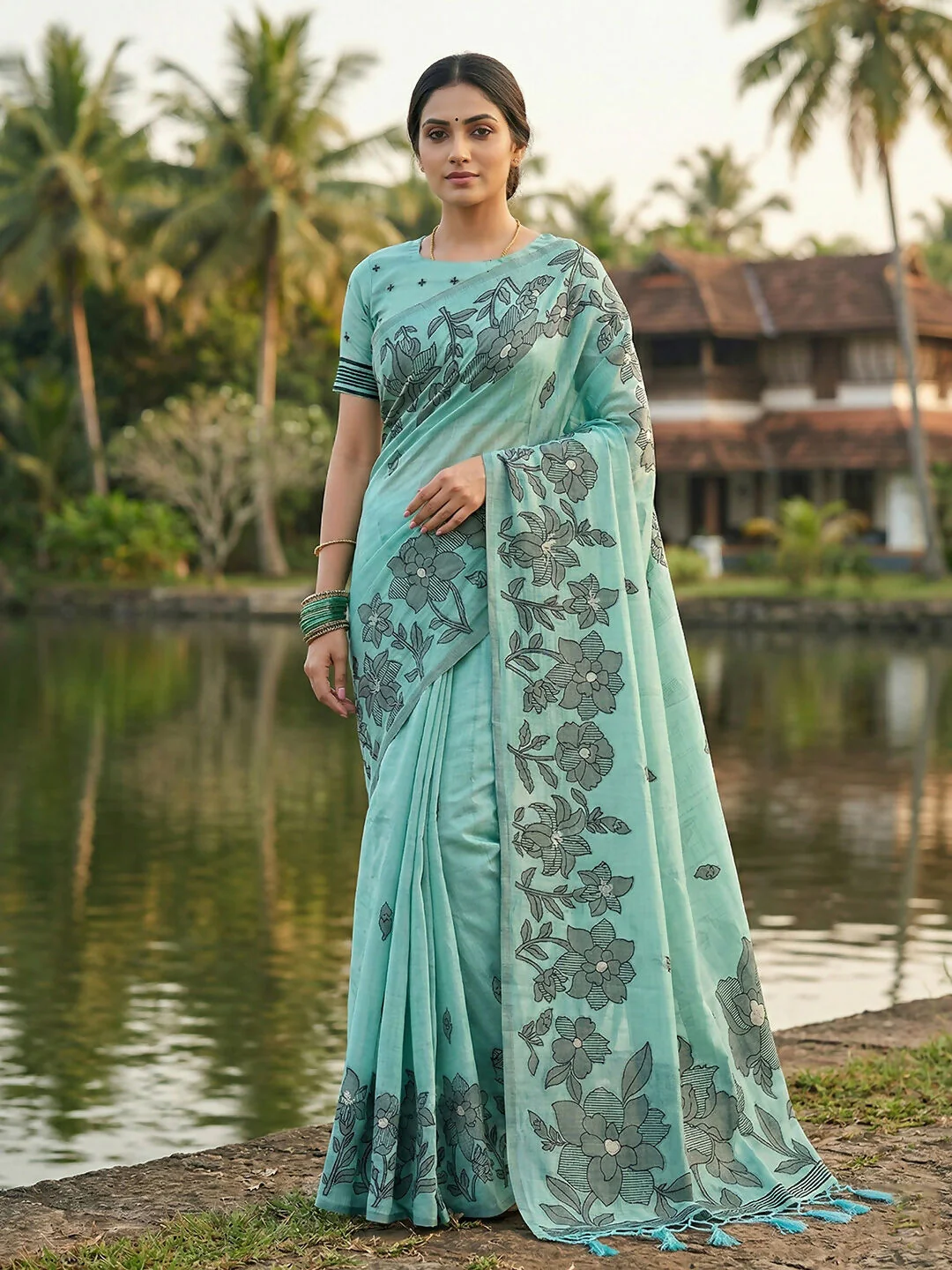 Astita Sea Green Linen Cotton Saree