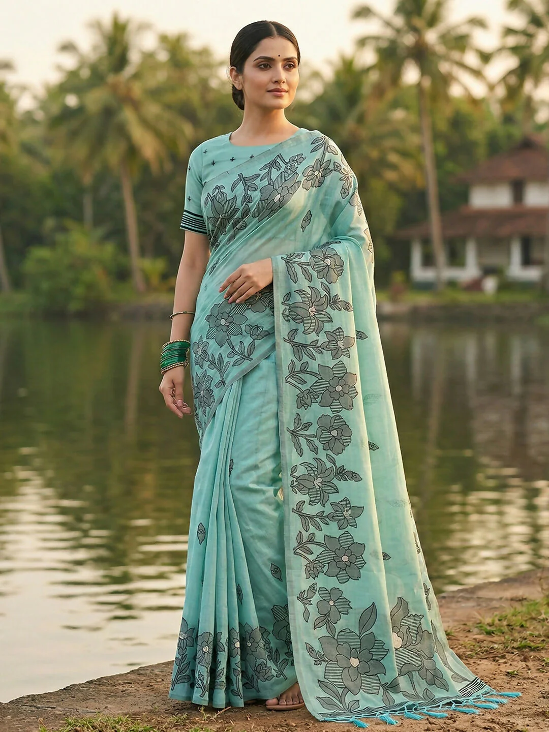 Astita Sea Green Linen Cotton Saree - Image 2