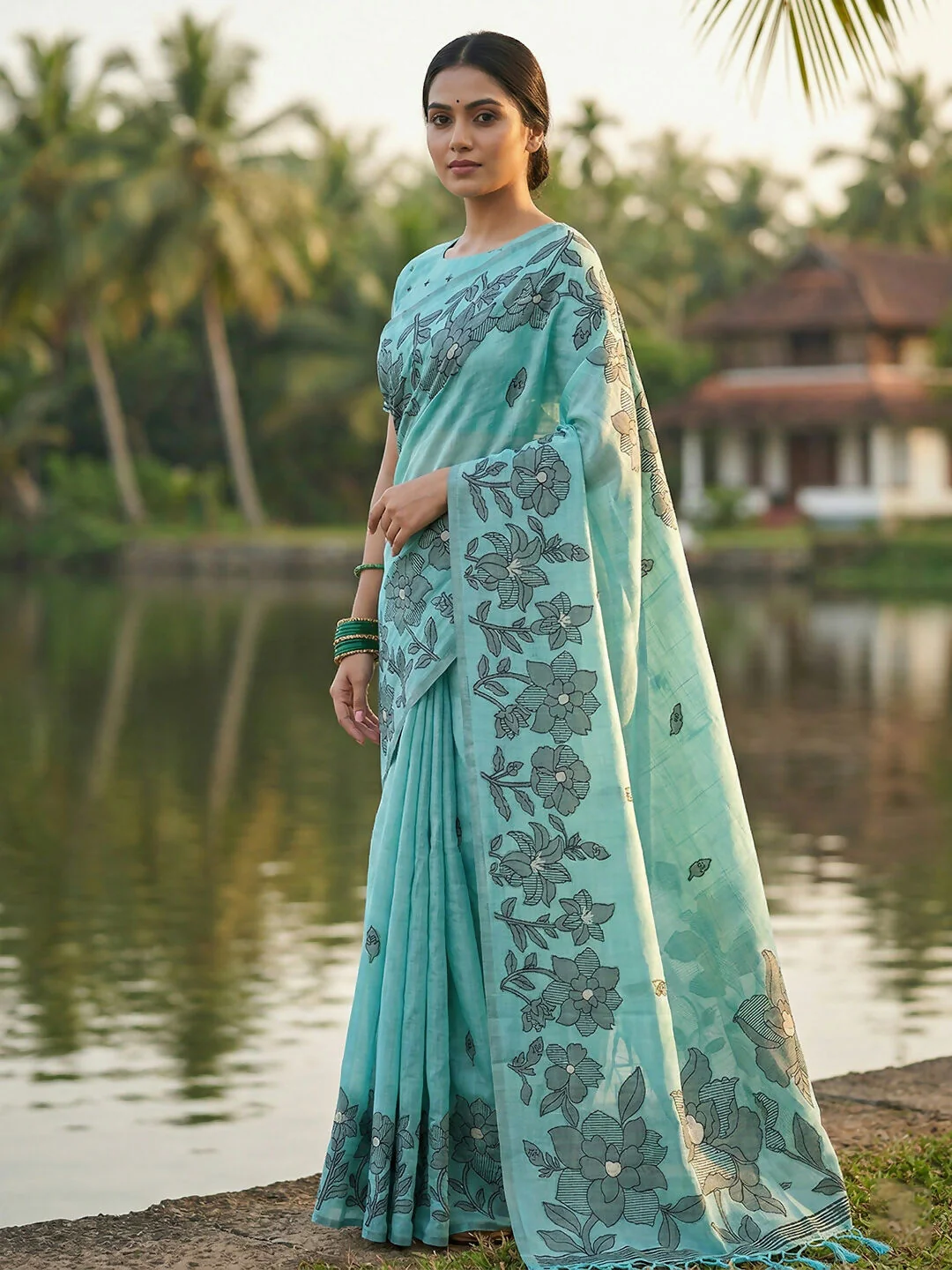 Astita Sea Green Linen Cotton Saree - Image 3