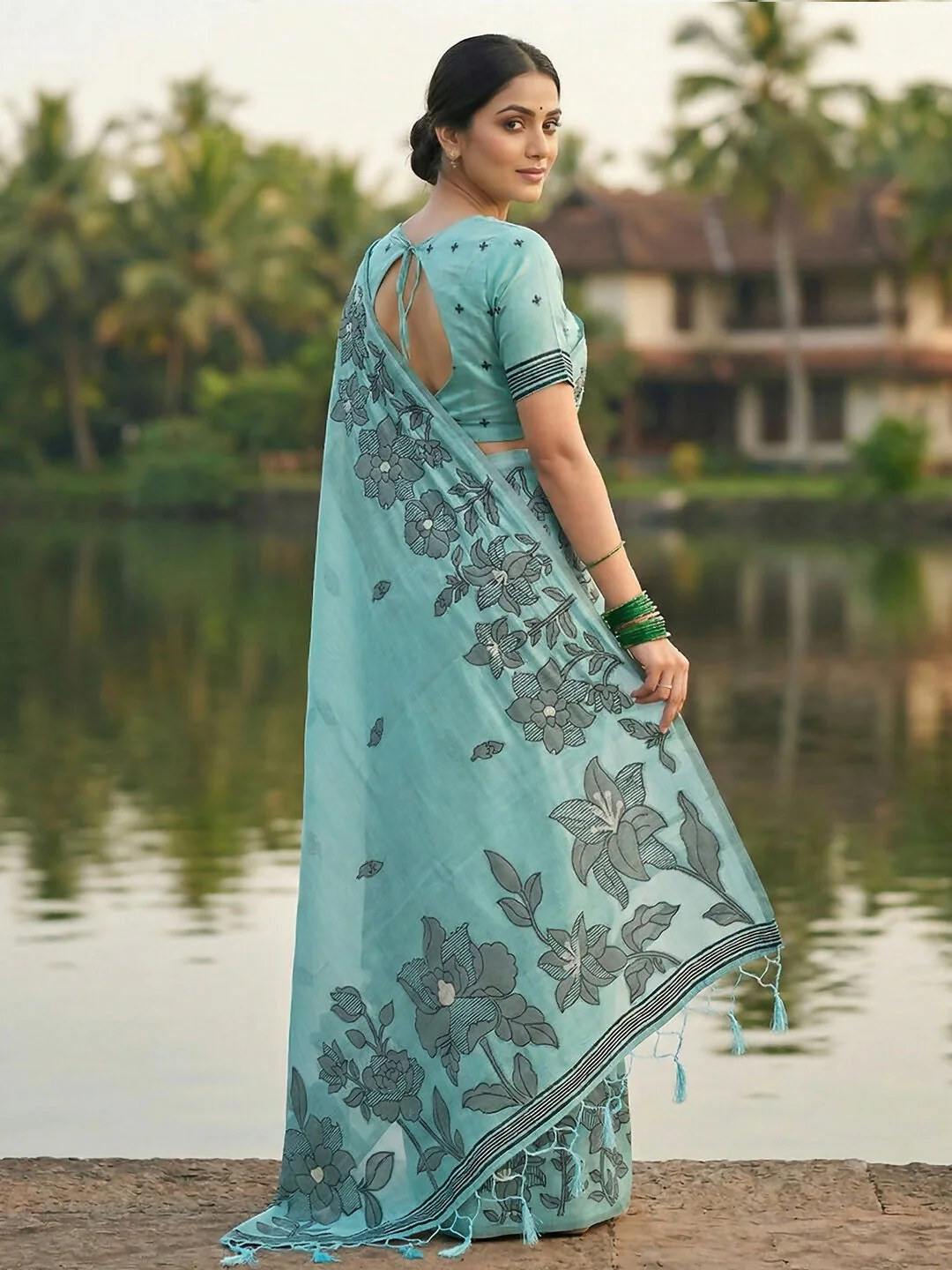 Astita Sea Green Linen Cotton Saree - Image 4