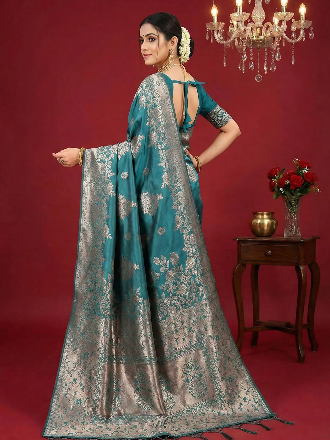 Astita Sea Green Silk Blend Saree - Image 3