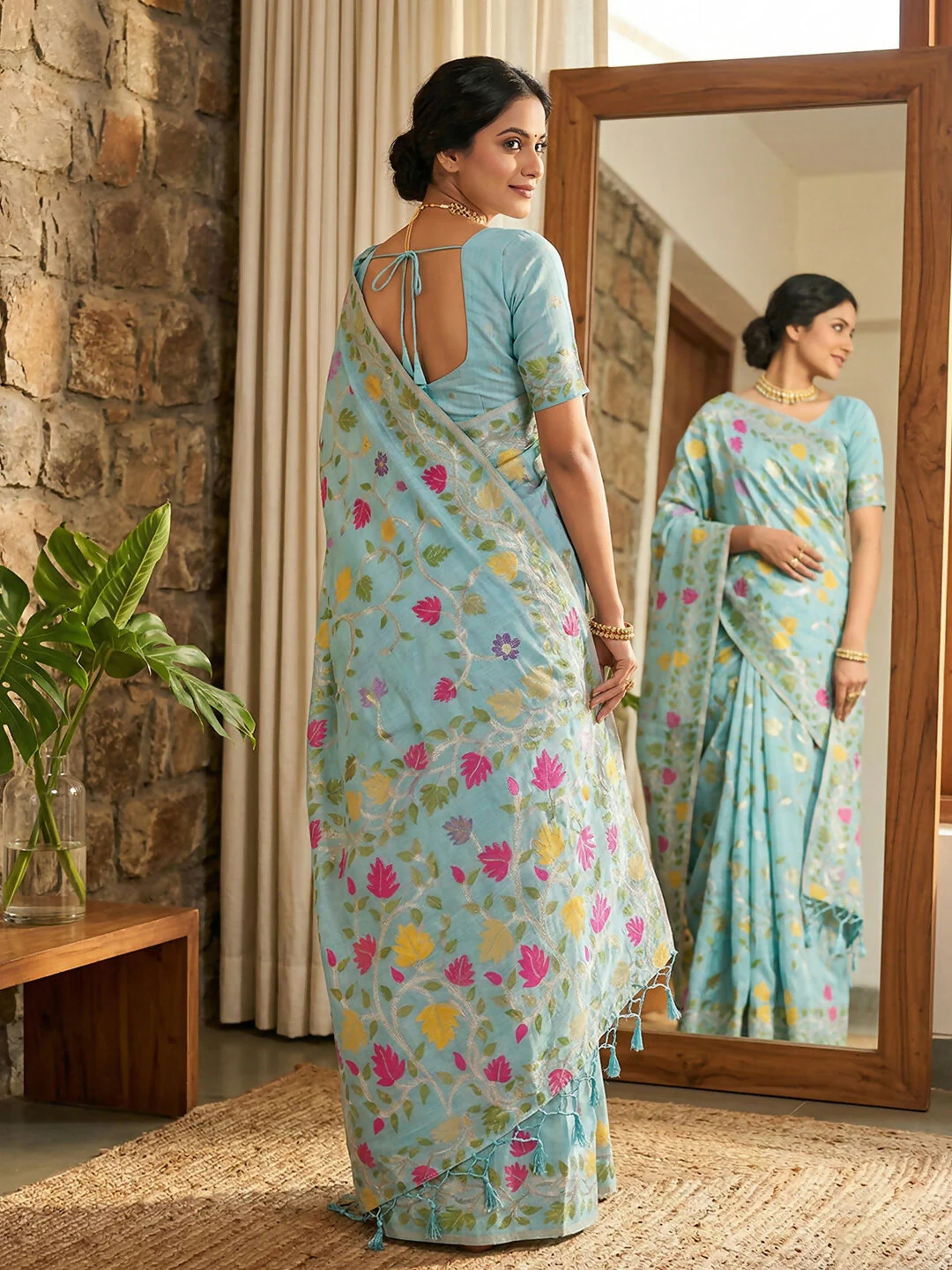Astita Sky Blue Linen Cotton Saree - Image 3