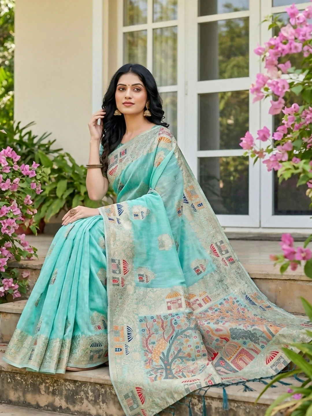 Astita Sky Blue Linen Cotton Saree - Image 2