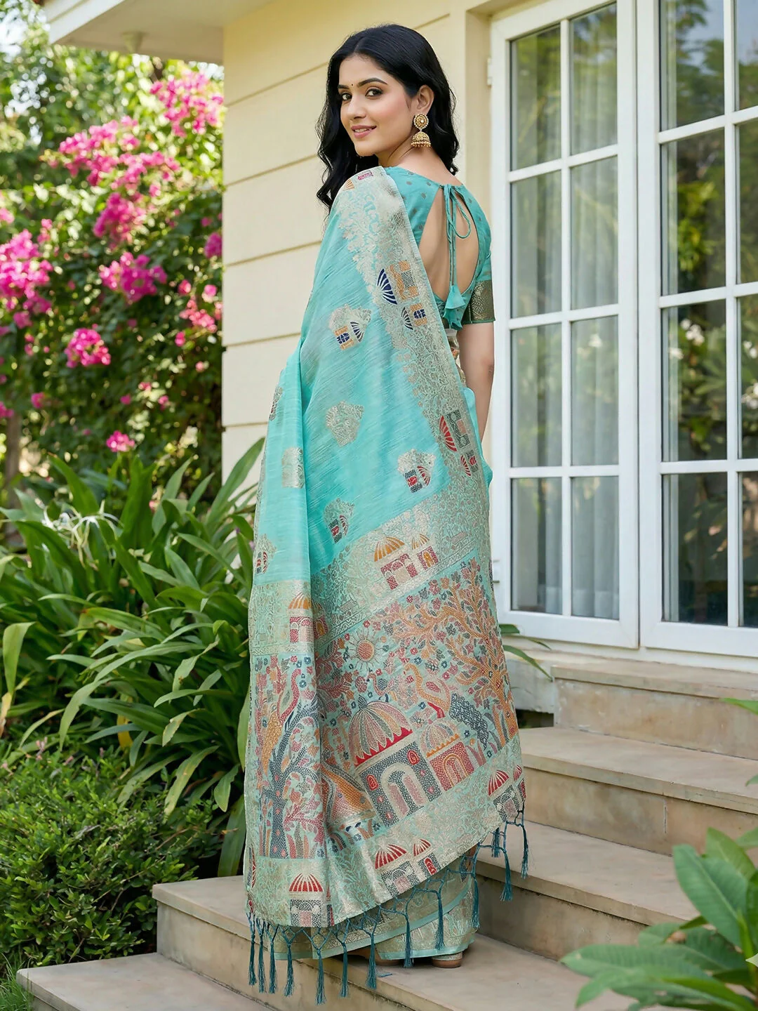 Astita Sky Blue Linen Cotton Saree - Image 3