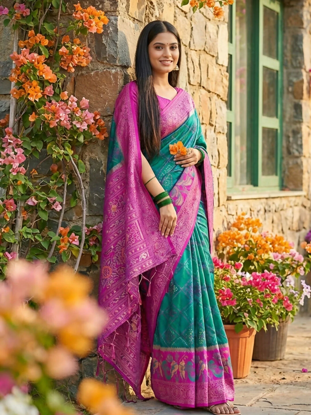 Astita Sky Blue Pochampally Silk Saree - Image 2