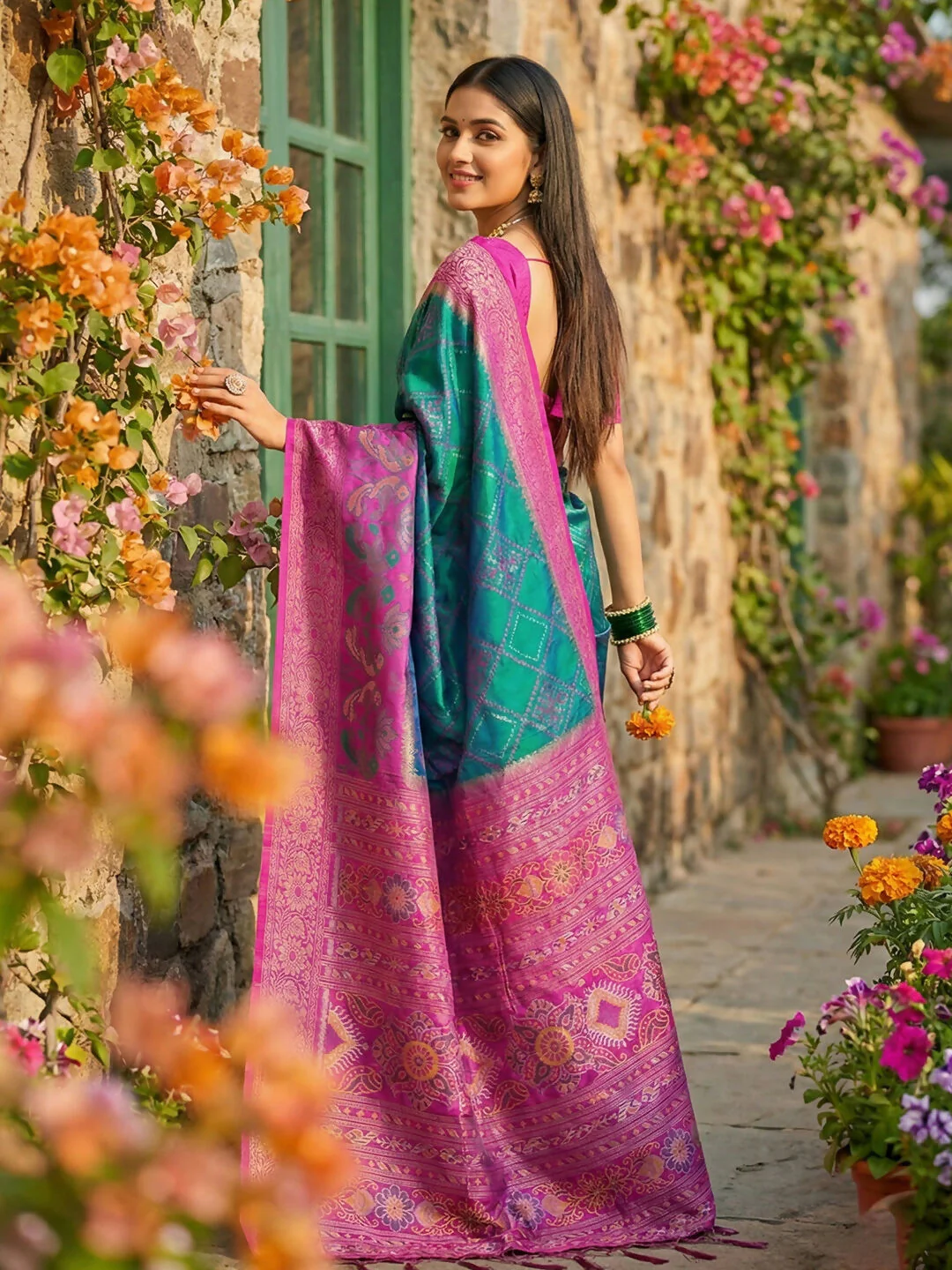 Astita Sky Blue Pochampally Silk Saree - Image 3