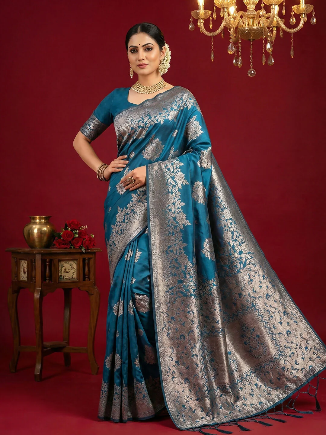 Astita Teal Blue Silk Blend Saree