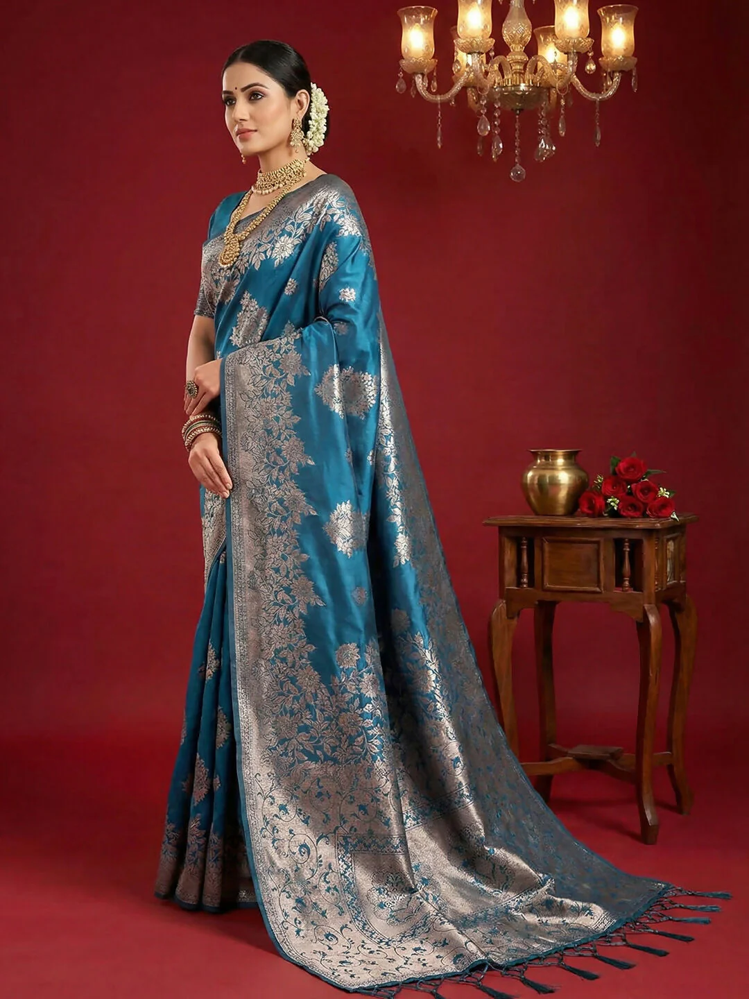 Astita Teal Blue Silk Blend Saree - Image 2