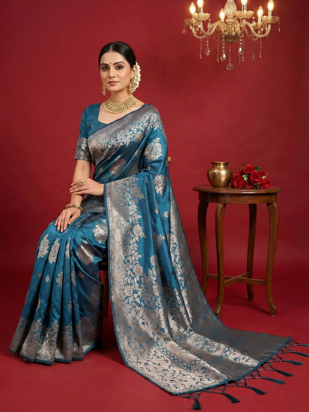 Astita Teal Blue Silk Blend Saree - Image 3