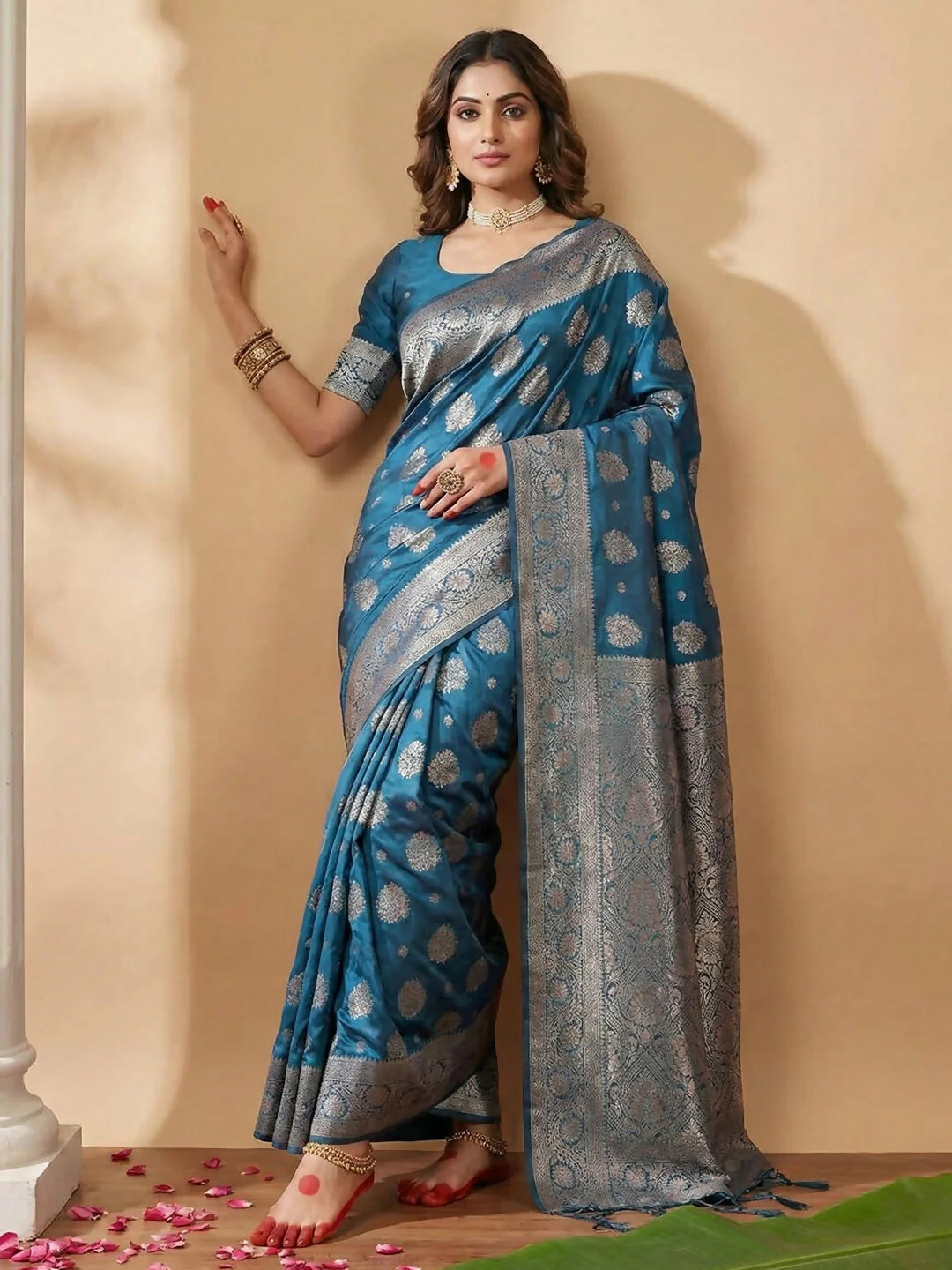 Astita Teal Blue Silk Blend Saree