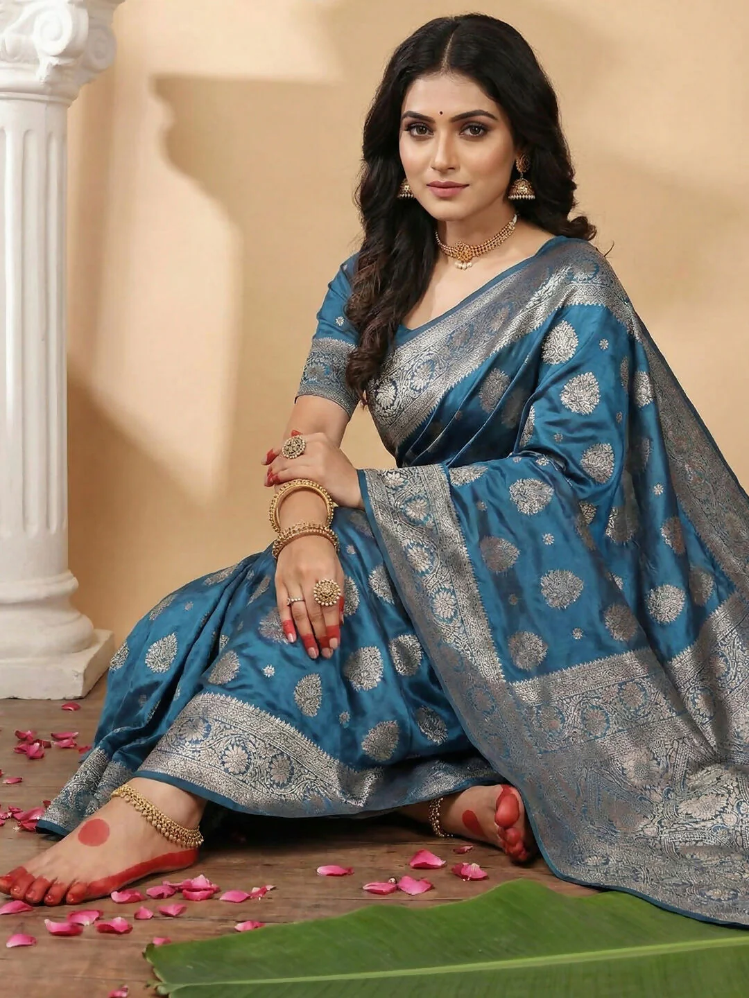 Astita Teal Blue Silk Blend Saree - Image 2