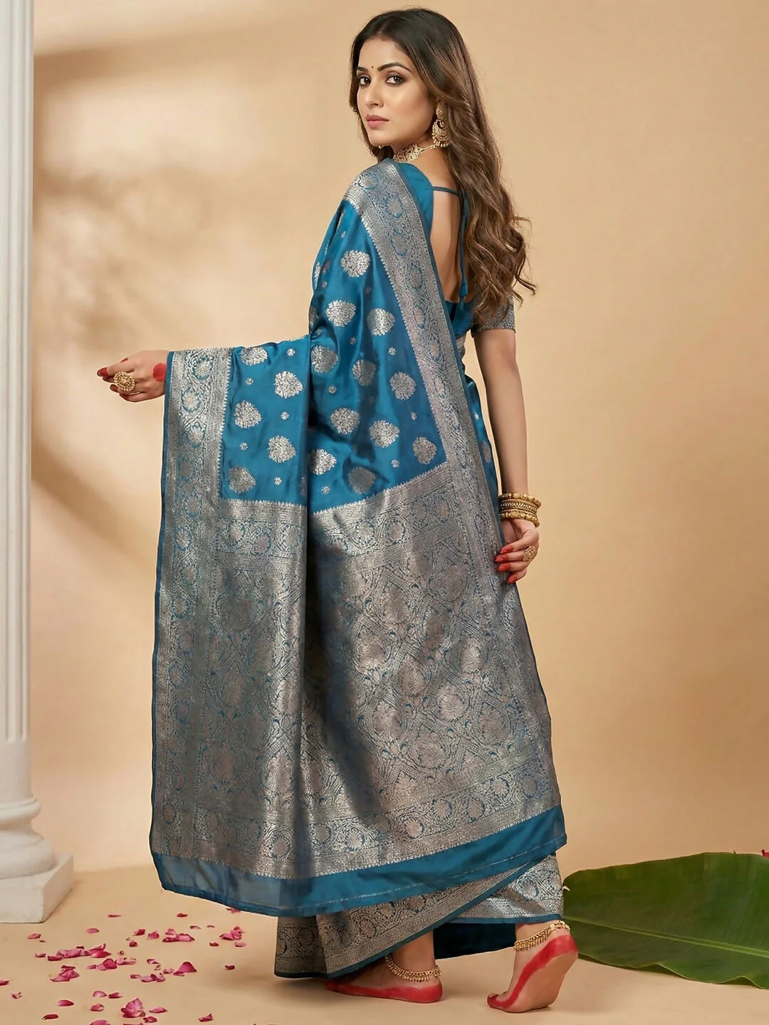 Astita Teal Blue Silk Blend Saree - Image 3
