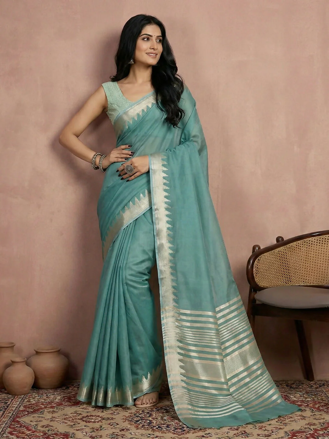 Astita Teal Cotton Saree