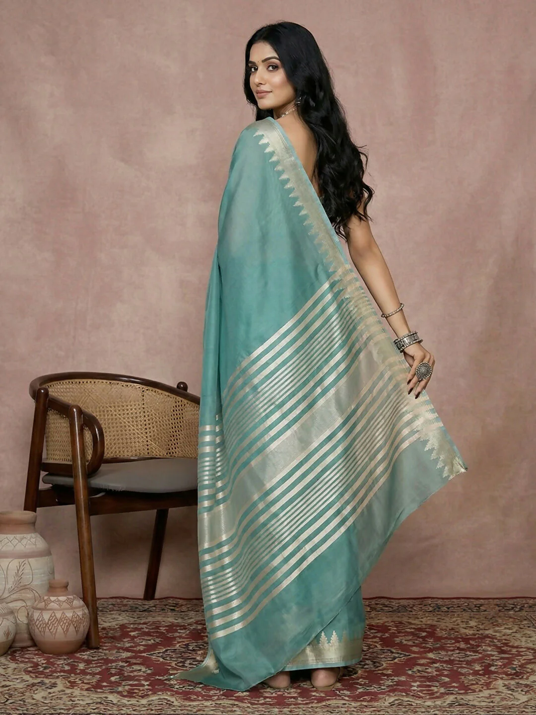 Astita Teal Cotton Saree - Image 3