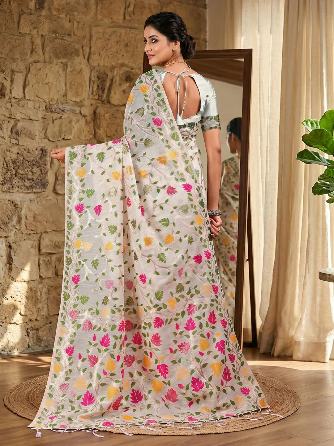 Astita White Linen Cotton Saree - Image 3