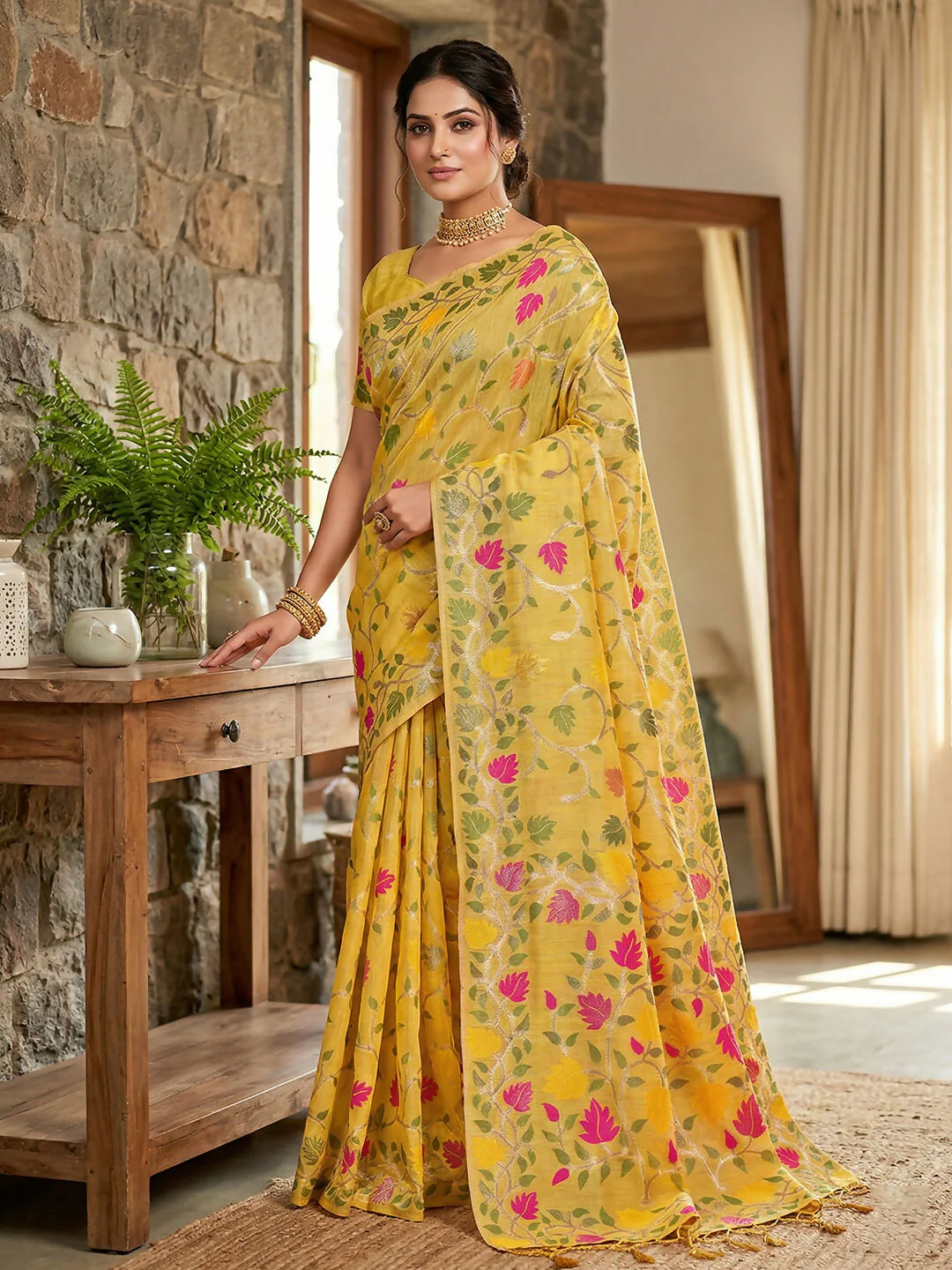 Astita Yellow Linen Cotton Saree - Image 2