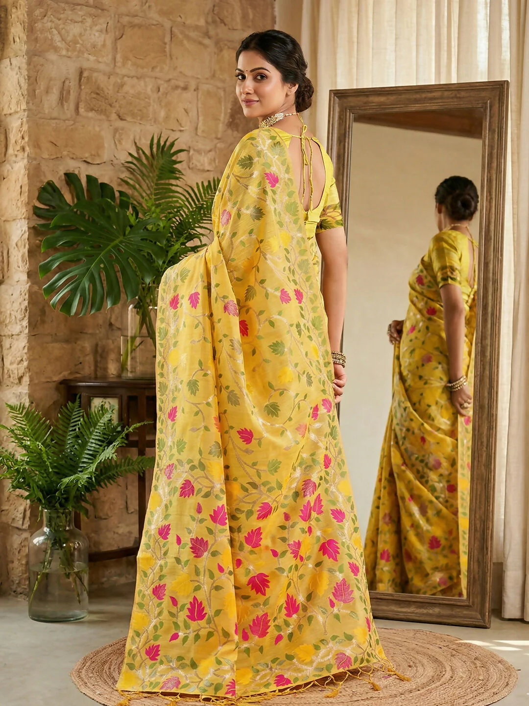 Astita Yellow Linen Cotton Saree - Image 3
