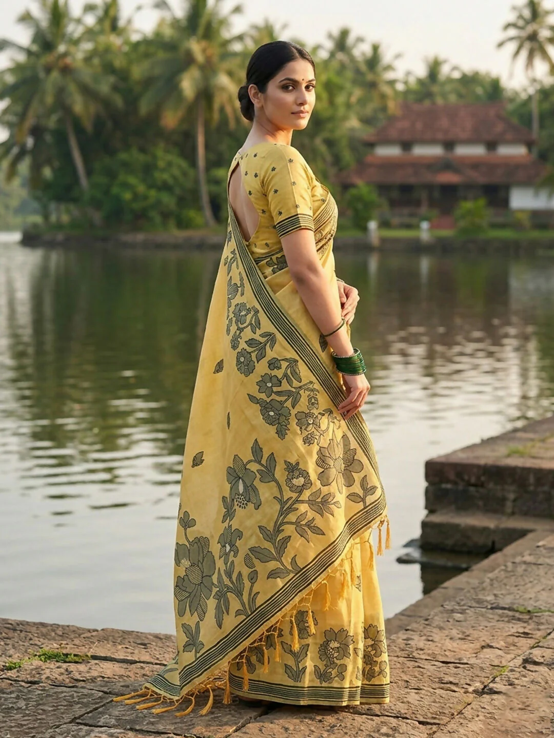 Astita Yellow Linen Cotton Saree - Image 2