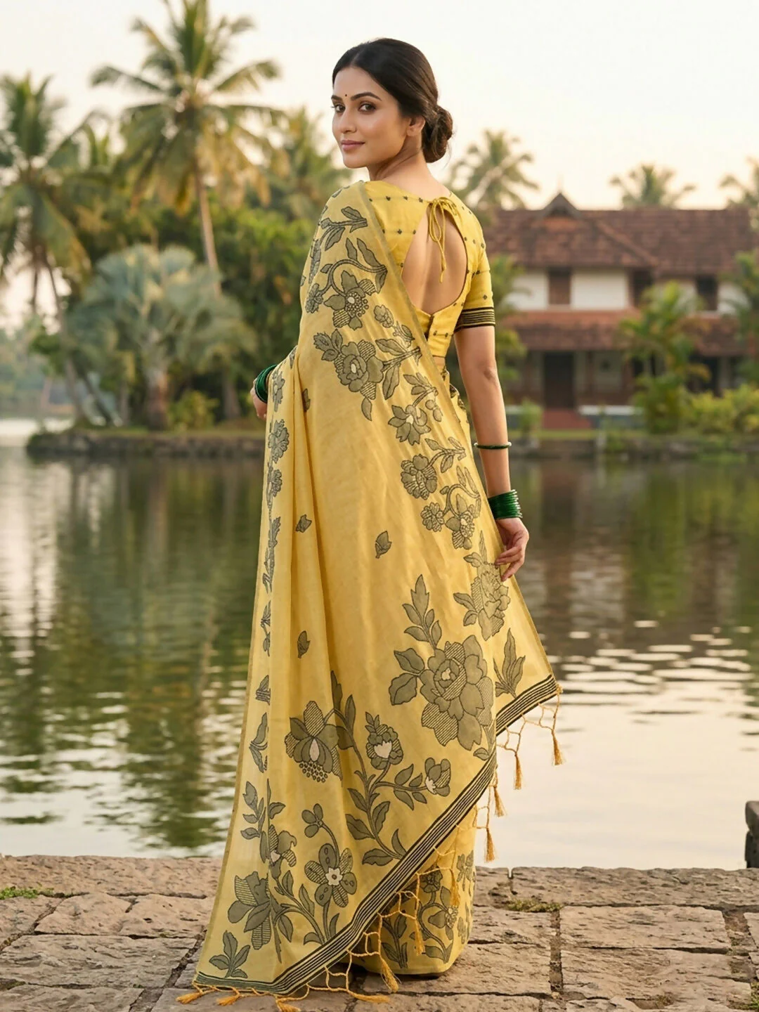 Astita Yellow Linen Cotton Saree - Image 3