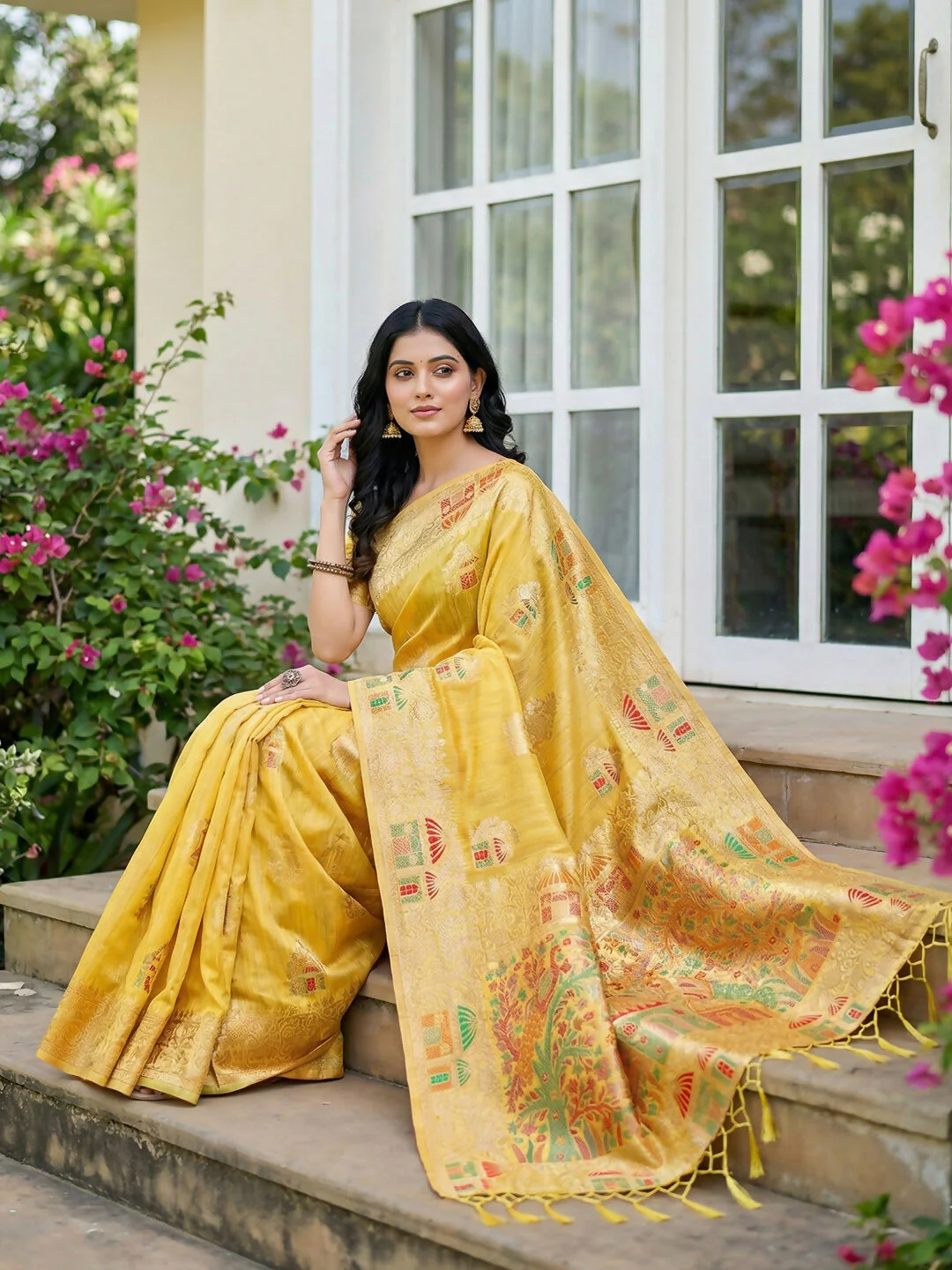 Astita Yellow Linen Cotton Saree - Image 3